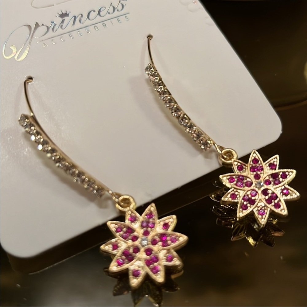 Hot Pink Crystal Flower Earrings
